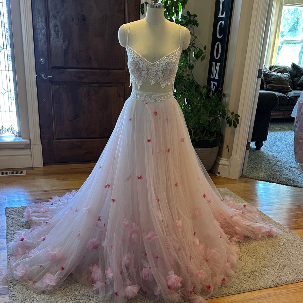 ElegantLight Ivory and Pink 3-D Floral and Butterfly Gown